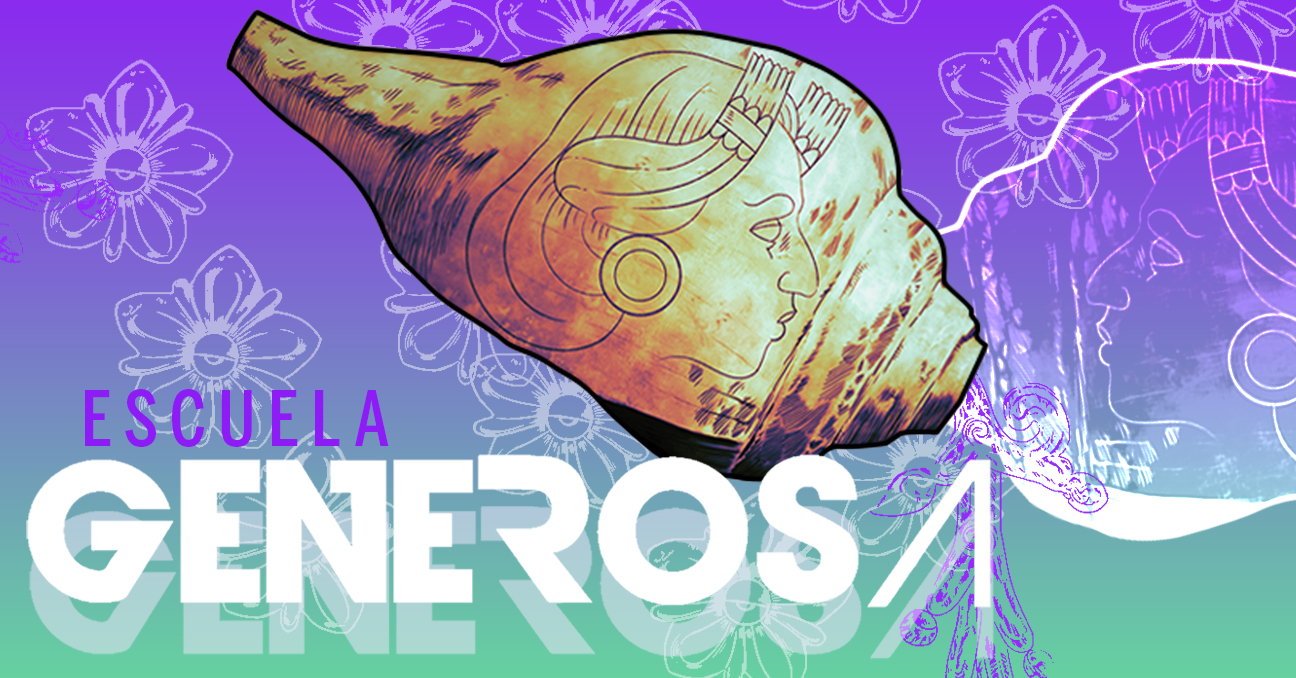 Una ilustración con dos caracola con el rostro de una mujer una frente a otra y el texto de la Escuela Generosa